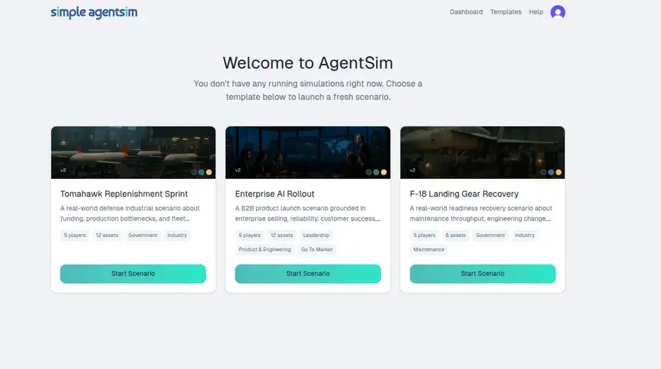 AgentSim dashboard showing simulation cards with scenario data